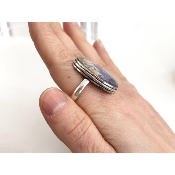 Natural Ruby Zoisite Marquise Cabochon Gemstone Vintage Solitaire Ring - sz 13 - Picture 7 of 10